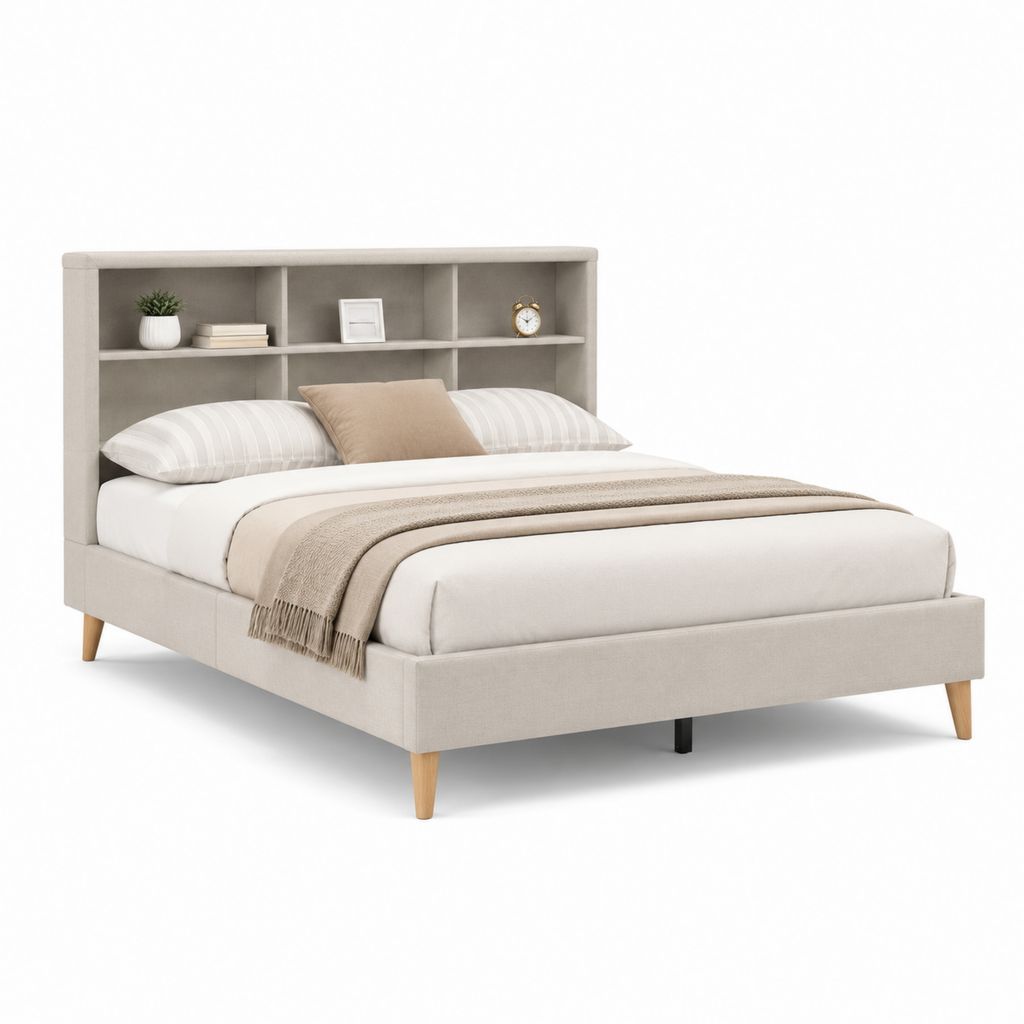 Letto matrimoniale con testiera a ripiani beige in poliestere 175 x 220 x 120 cm