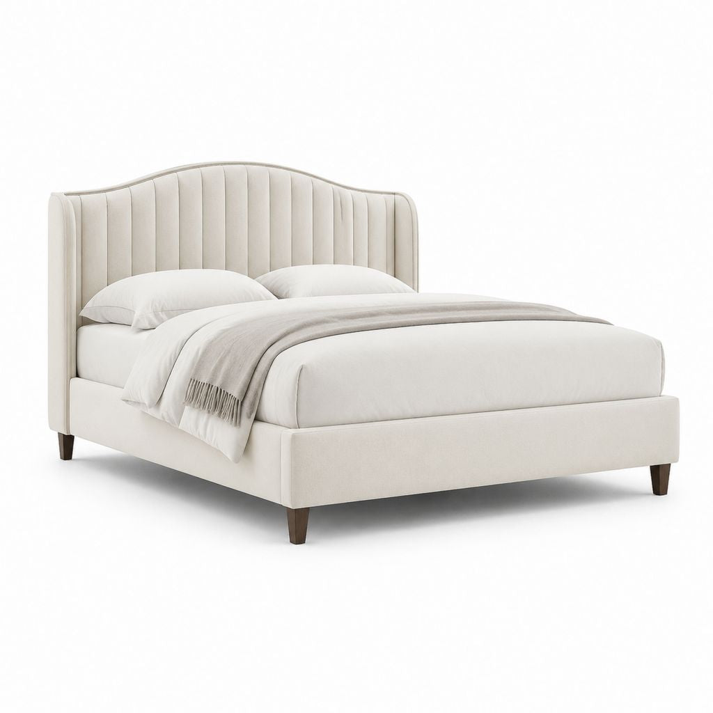 Letto matrimoniale imbottito beige in poliestere con testiera curva 160 x 200 cm