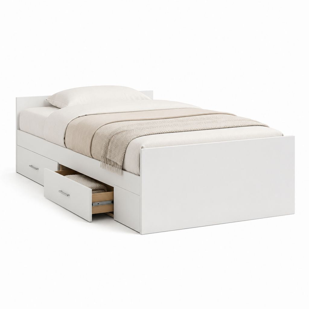 Letto singolo con cassetti bianco in pannello truciolare 90 x 190 cm