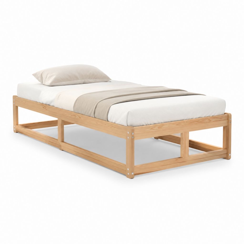 Letto singolo con rete in legno massello di pino naturale 90 x 200 cm