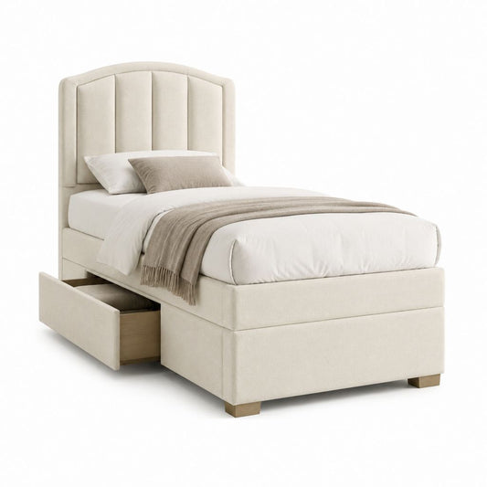 Letto singolo contenitore beige in poliestere con testiera imbottita ad arco 90 x 200 cm