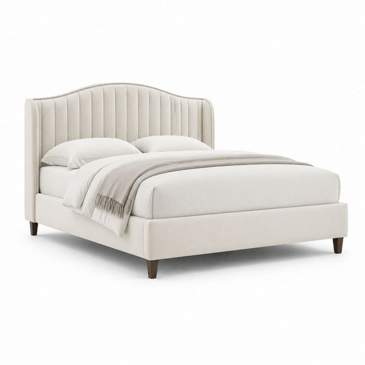 Letto matrimoniale imbottito beige in poliestere con testiera curva 160 x 200 cm