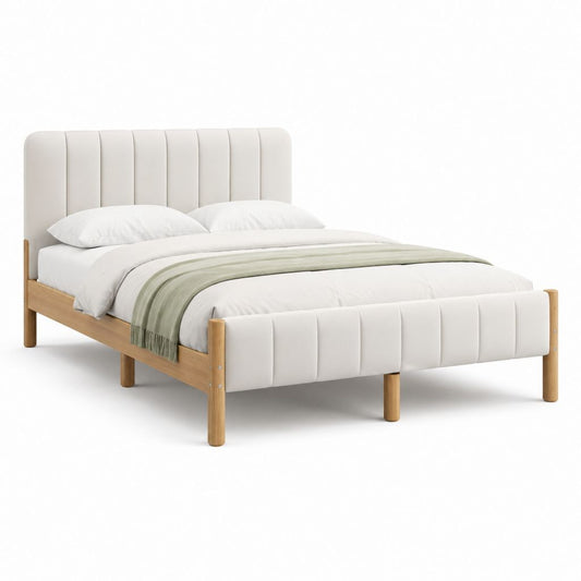 Letto matrimoniale imbottito beige con struttura in legno massello 160 x 200 cm