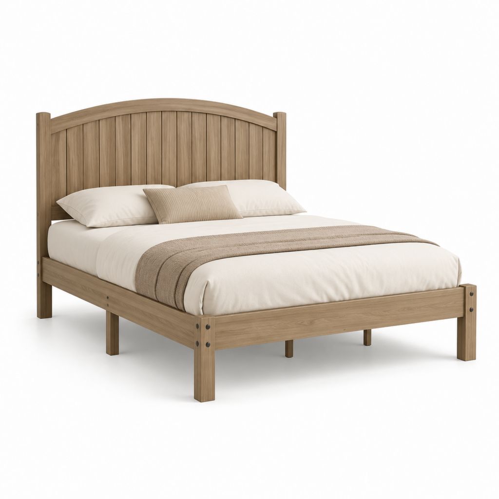 Letto matrimoniale con testiera ad arco rovere chiaro in legno massello 160 x 200 cm