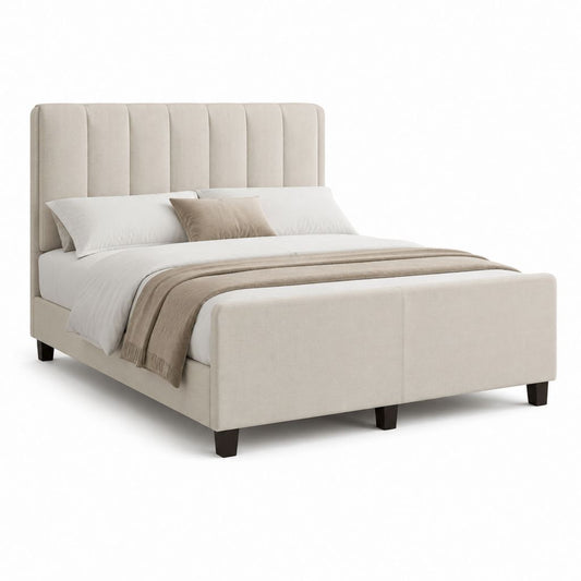 Letto matrimoniale imbottito beige in poliestere con testiera scanalata 160 x 200 cm