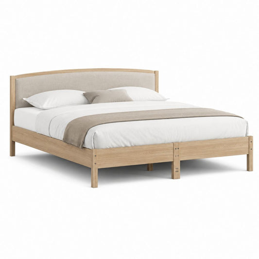 Letto matrimoniale con testiera imbottita beige in legno massello 160 x 200 cm