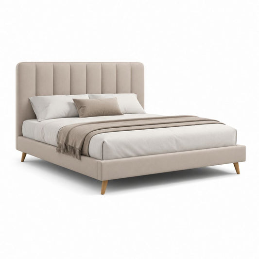 Letto matrimoniale imbottito beige in poliestere con testiera alta 160 x 200 cm