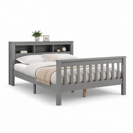 Letto matrimoniale in legno massello di pino grigio con testiera libreria 160 x 200 cm