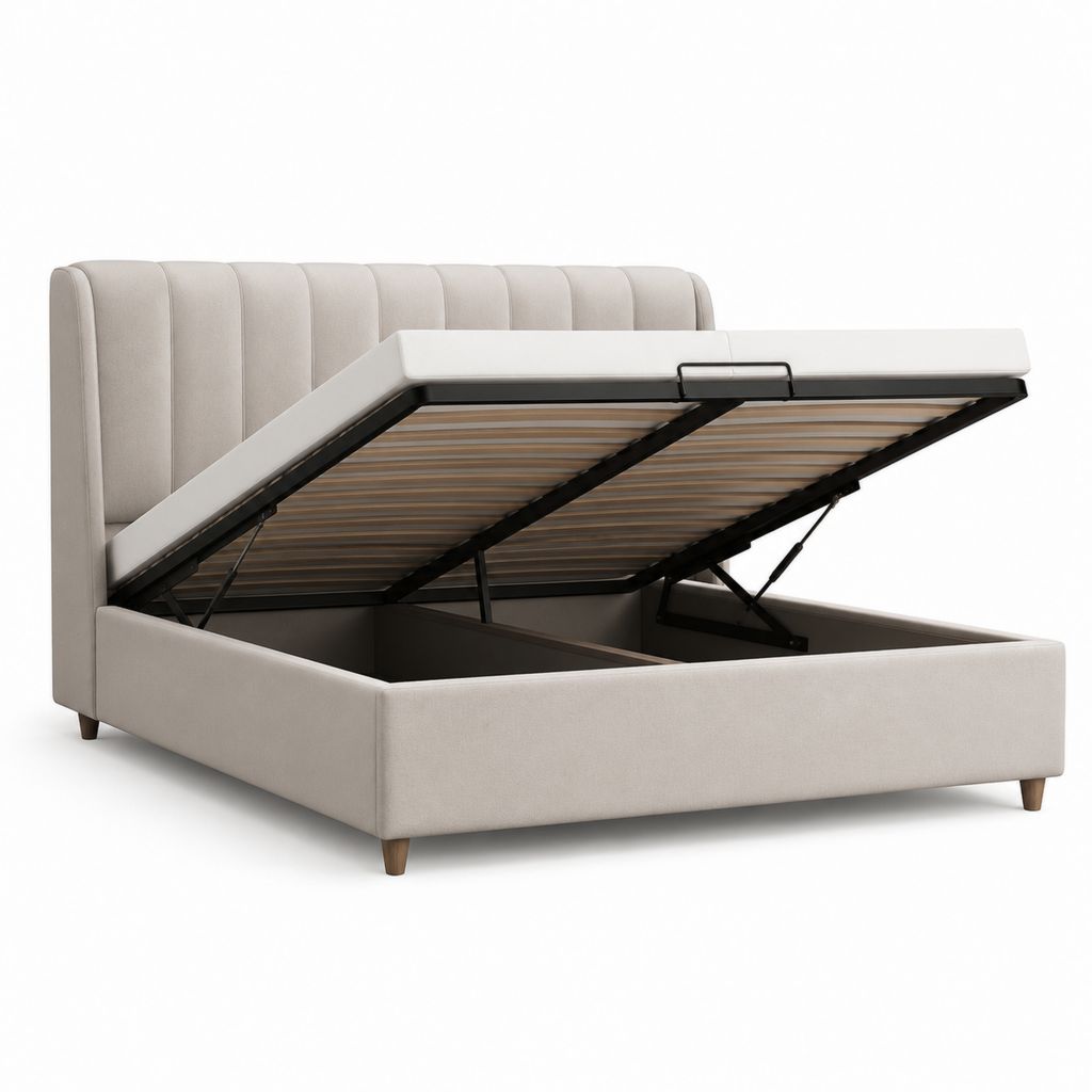 Letto contenitore matrimoniale beige in poliestere con rete a doghe 160 x 200 cm