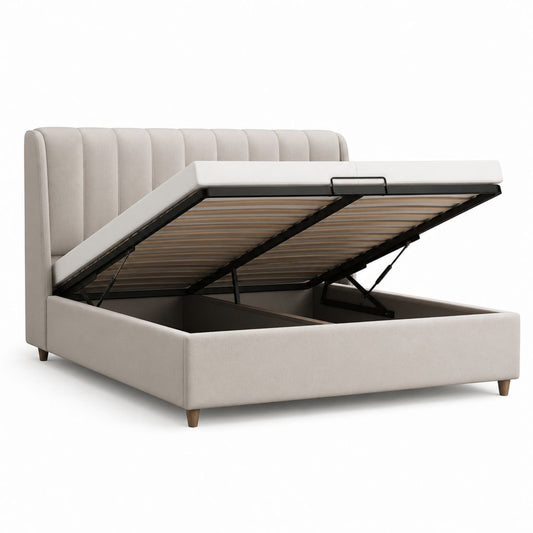 Letto contenitore matrimoniale beige in poliestere con rete a doghe 160 x 200 cm