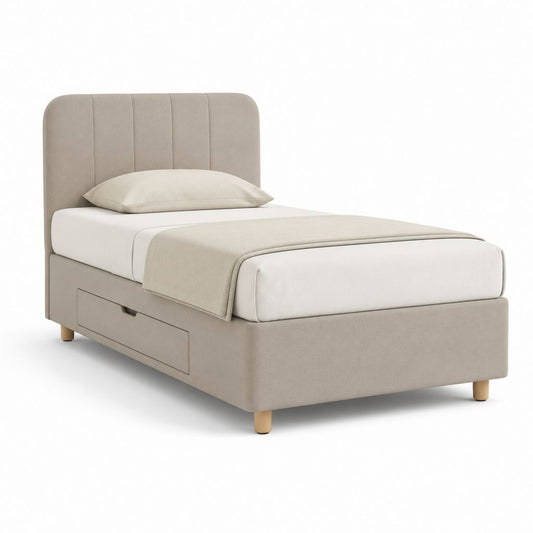 Letto singolo contenitore beige in poliestere con testiera imbottita 100 x 200 cm