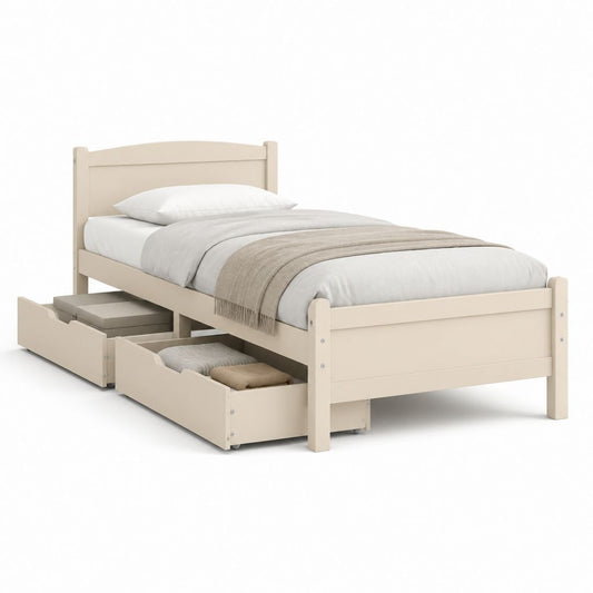 Letto singolo con 2 cassetti beige in legno di pino massello rettangolare 90 x 190 cm