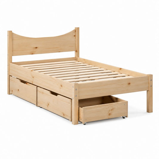 Letto singolo con 3 cassetti in pino massello naturale 90 x 200 cm