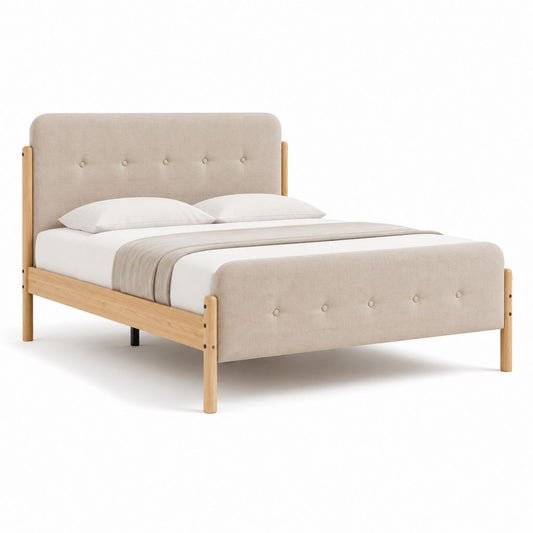 Letto matrimoniale con struttura in legno massello e testiera imbottita beige per materasso 160 x 200 cm