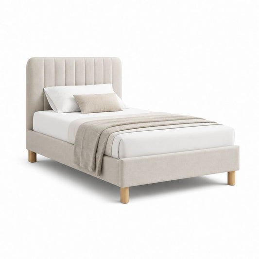 Letto matrimoniale imbottito beige in poliestere 160 x 200 cm con testiera alta