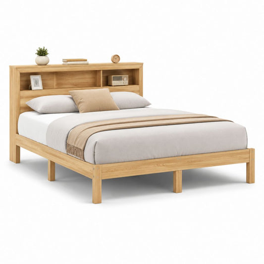 Letto matrimoniale con testiera a ripiani in legno massello rovere naturale 160 x 200 cm
