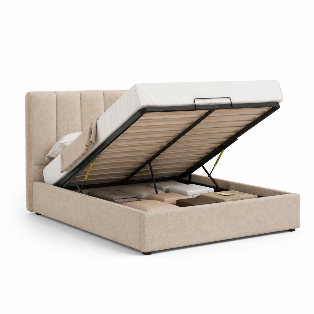 Letto matrimoniale contenitore beige in poliestere con testiera imbottita e rete a doghe 160 x 200 cm