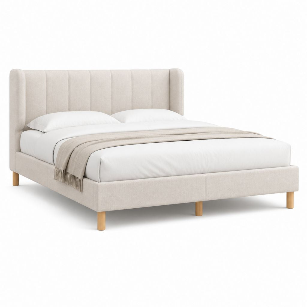 Letto matrimoniale imbottito beige in poliestere con testiera rettangolare 160 x 200 cm
