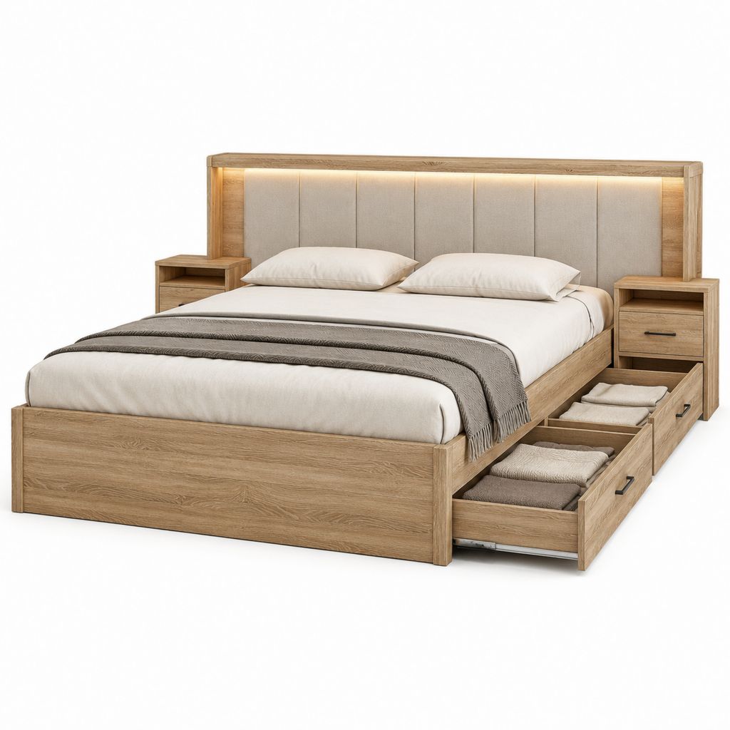 Letto matrimoniale con cassetti e comodini integrati rovere chiaro 180 x 200 cm
